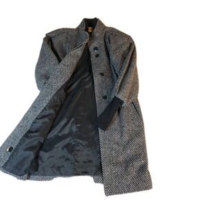 Donnybrook Women's  Vtg Wool Tweed Coat Rib Knit Cuffs Midi Puff Sleeve